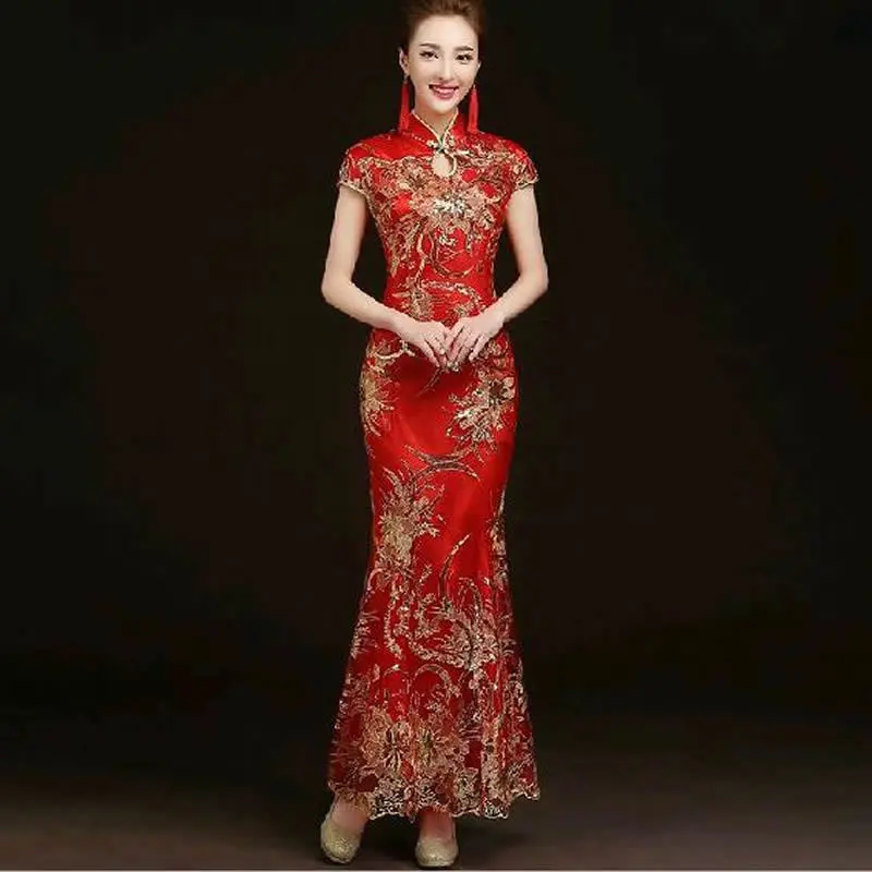 

Fashion Sapphire Lace Bride Wedding Qipao Long Cheongsam Chinese Traditional Dress Slim Retro Qi Pao Women Antique Dresses