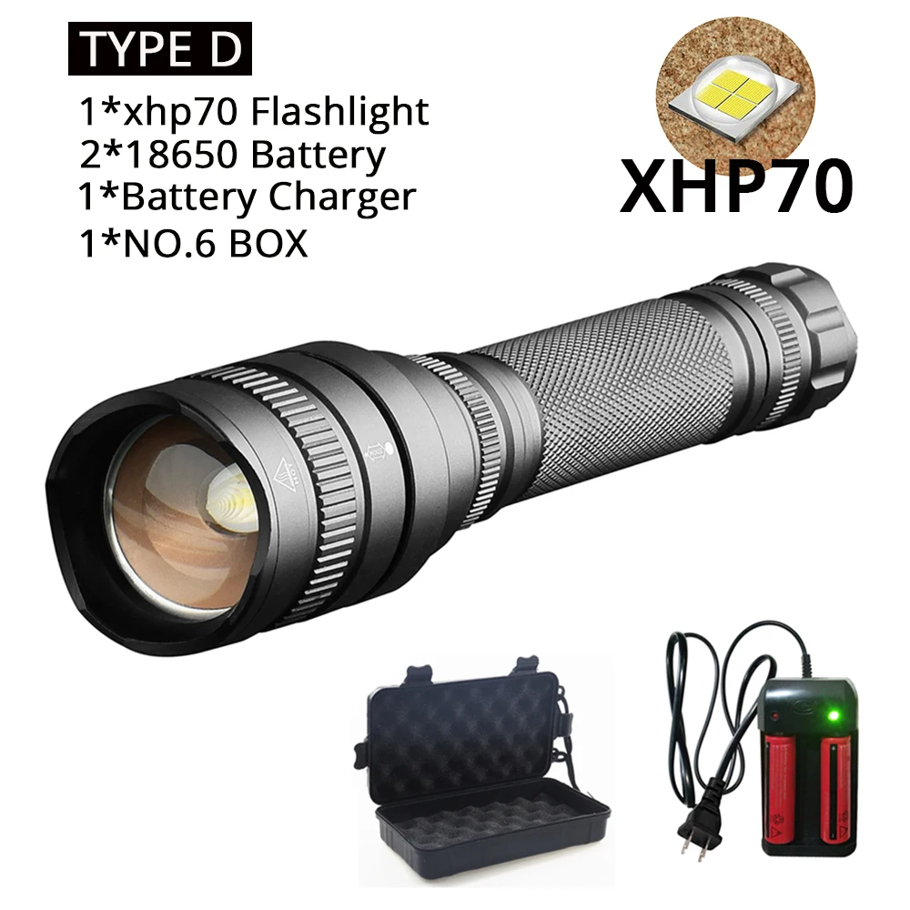 7000лм XHP70 Мощный тактический светодиодный фонарик, фонарь с зумом, 5 режимов, лампа на 2*18650 батареях, Новое поступление - Испускаемый цвет: TYPE D