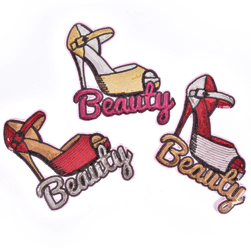 Beauty Red with letter High heels shoes sewing sequin Patches Applique Cartoon Patch grils clothes accessory wholesale