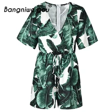 Bangniweigou глубокий v-образный вырез комбинезон женский тропический рисунок из пальмовых листьев лента галстук талия на молнии комбинезон летняя Гавайская одежда