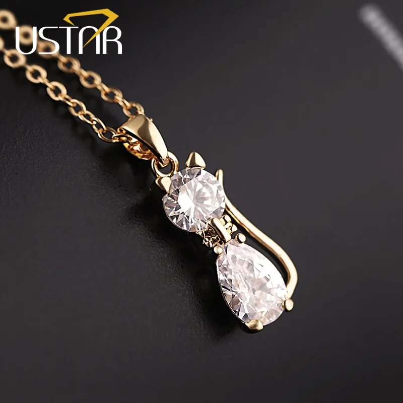

USTAR Lovely Crystals Cat Pendant Necklaces for women AAA cubic Zirconia Gold color chain choker Necklace Collars Jewelry gifts
