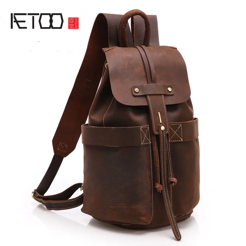

AETOO 100% genuine Leather cohide leather backpacks men and women shoulder bag fashion retro quilts neutral