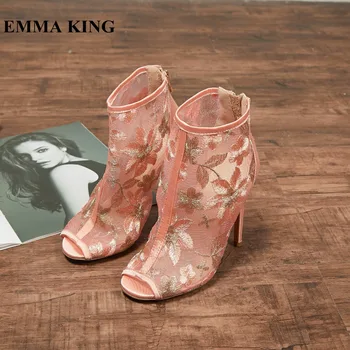 

EMMA KING Sweet Peep Toe Embroider Summer Boots Women Cutouts Flower Print Super High Heels Dating Party Dress Ankle Boots