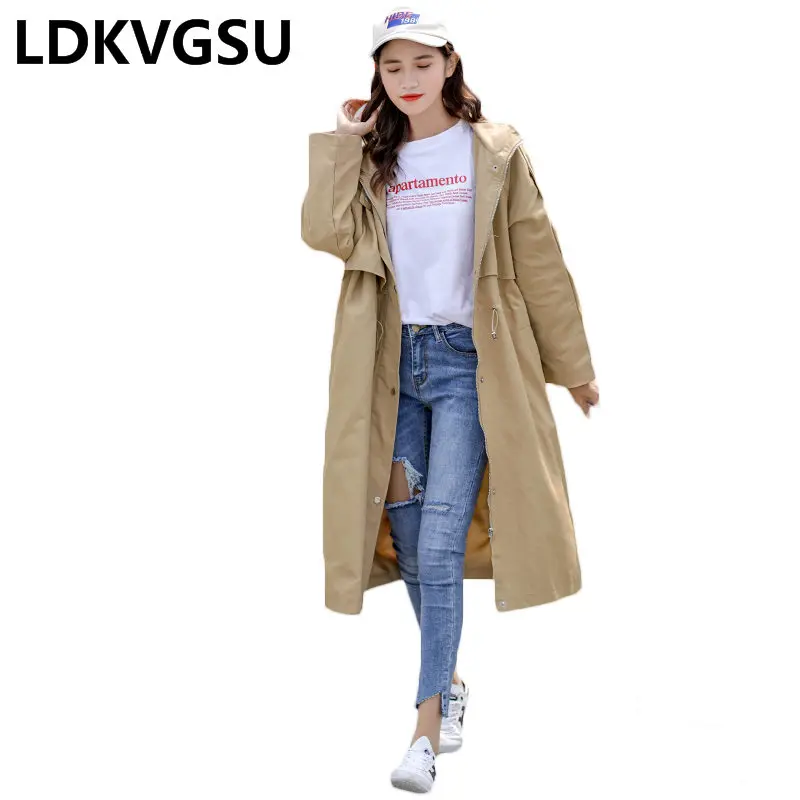 

2019 New Spring Autumn Women Trench Coat Long Loose Large Size Ladies Coats Drawstring Hooded Solid Color Windbreaker Is1610