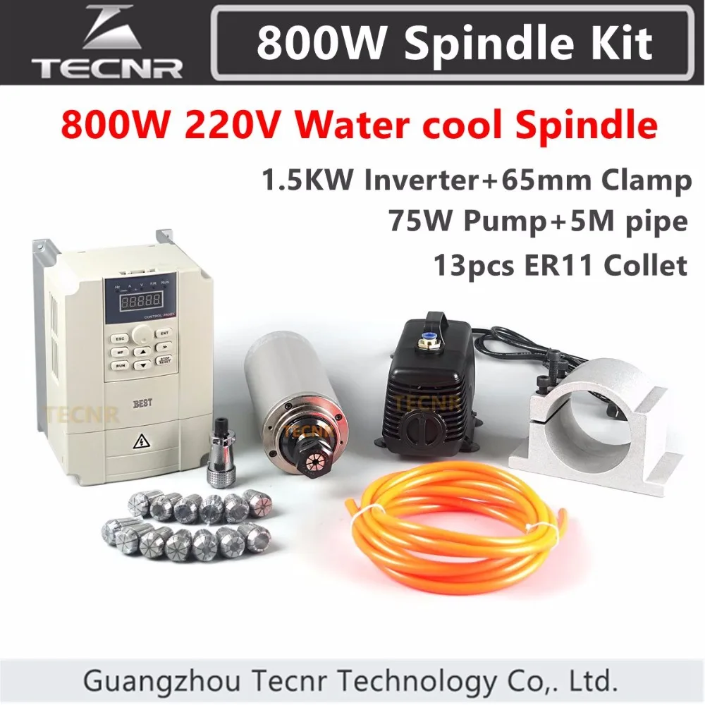 

800W 65mm er11 cnc spindle motor kit + 1.5KW 220V VFD + 65MM clamp + 3.5m water pump /pipes + 13pcs er11