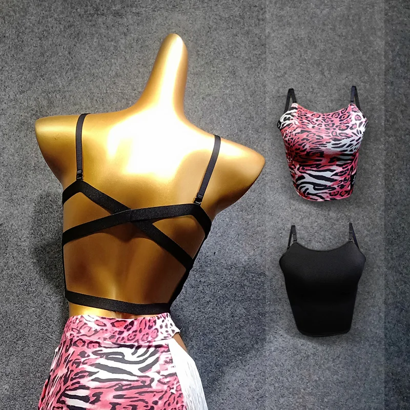 Summer Latin Dance Dress 2pcs Suit(Top+Skirt) Women Black/Pink Leopard Clothes Flamengo Modern Latin Dance Costume VDB455