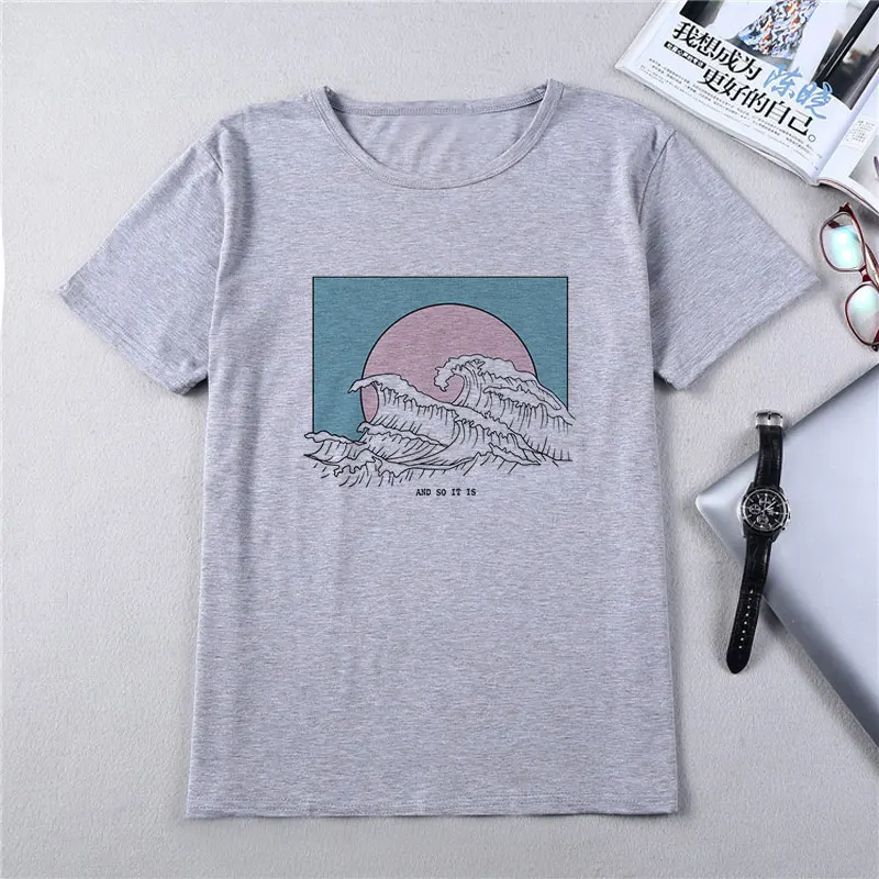 Новинка, Camisetas Verano Mujer,, Harajuku, Kawaii, волнистая, эстетическая, винтажная, парная Футболка, женская, Vogue, повседневная, с принтом, короткий рукав, Топ - Цвет: 1752-Gray