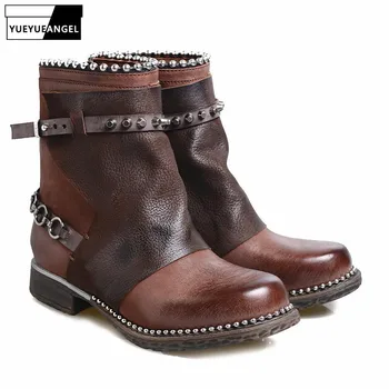 

2019 Hot Sale Handmade European Sheepskin Women Boots Large Size 34-42 Buckle Low Heel Womens Boots Casual Retro Ladies Shoes