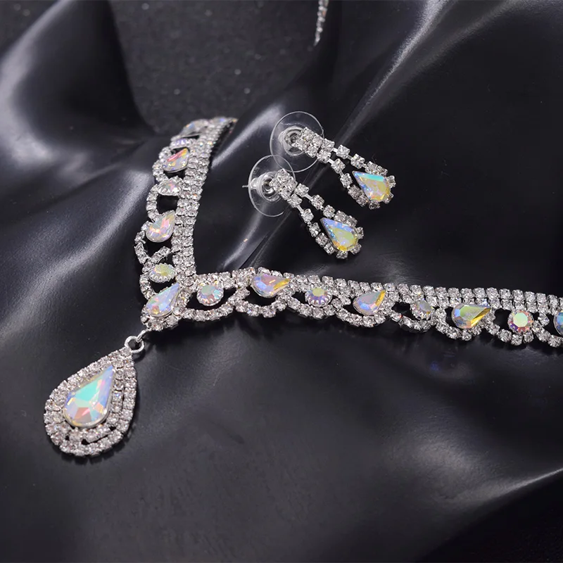 Роскошные свадебные ювелирные комплекты для невест, женское ожерелье, браслет, кольцо, серьги, набор серебряных кристаллов AB, Висячие ювелирные изделия