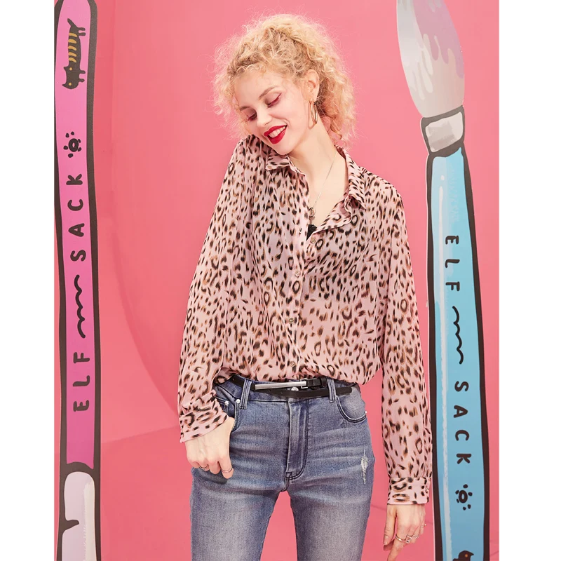 

ELF SACK Casual Leopard Women Shirts 2019 Spring New Turn-down Collar Blouse Full Woman Chiffon Ladies Clothing