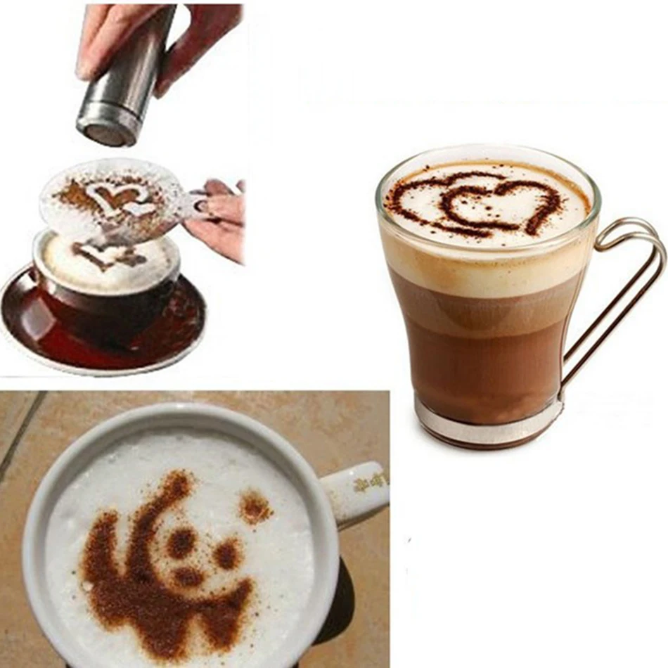 YRP 16 Pcs/set Coffee Cake Mold Cupcake Stencil Template Coffee Barista Cappuccino Template Strew Pad Duster Spray Tools