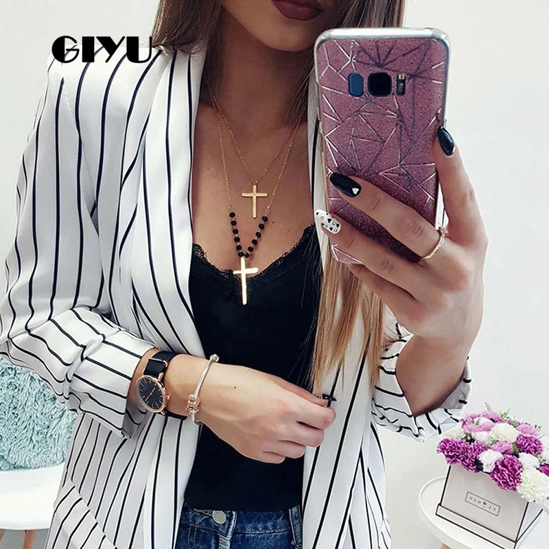 GIYU Spring Women Striped Printing Blazer Long Sleeve Notched Jackets Sexy Loose Tops Casual camiseta mujer