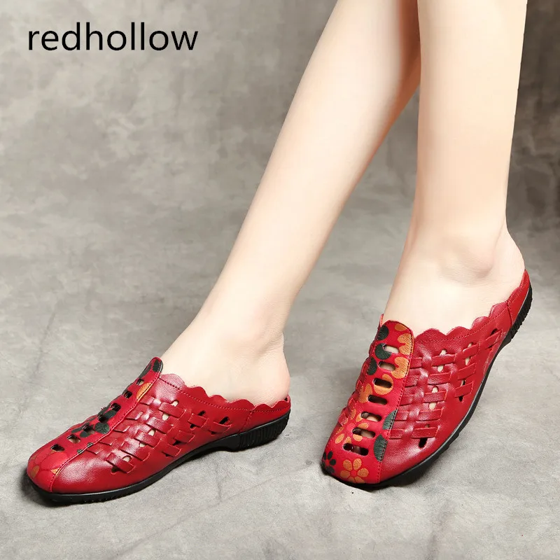 

Ethnic Sandals Women Hollow Out Breathable Slides Slip On Sandals Genuine Leather Shoes Soft Woman Sandals Summer Casual Size 43