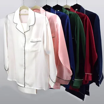 

Spring New Arrival Women 100% Silk Pajama Sets Long Sleeve Sleepwear Set Two-pieces Big Size V-neck Breathable Pyjamas 6 colors