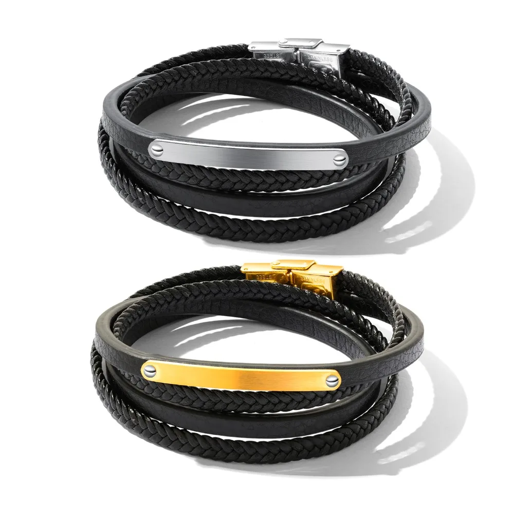 2018 Best Selling Men's Leather Wrap Bracelet Layered Chain Stainless