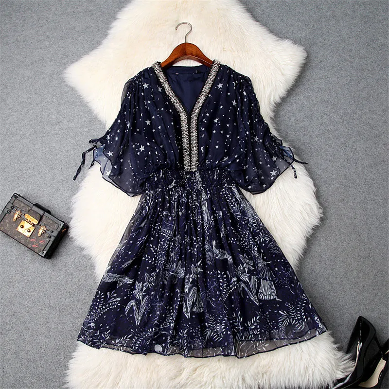 

New Arrival 2019 Fashion Summer Dress Women Designer Elegant Beading V Neck Elastic Waist Star Print Short Beach Chiffon Dresses