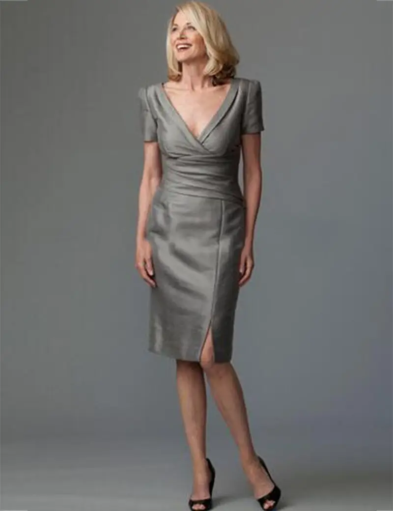 ==> [Free Shipping] Buy Best 2017 Cap Sleeves Gray Tffeta Short Sleeves Knee Length Mother Of Bride Dresses Short Mother Bride Dresses Plus Size M201 Online with LOWEST Price