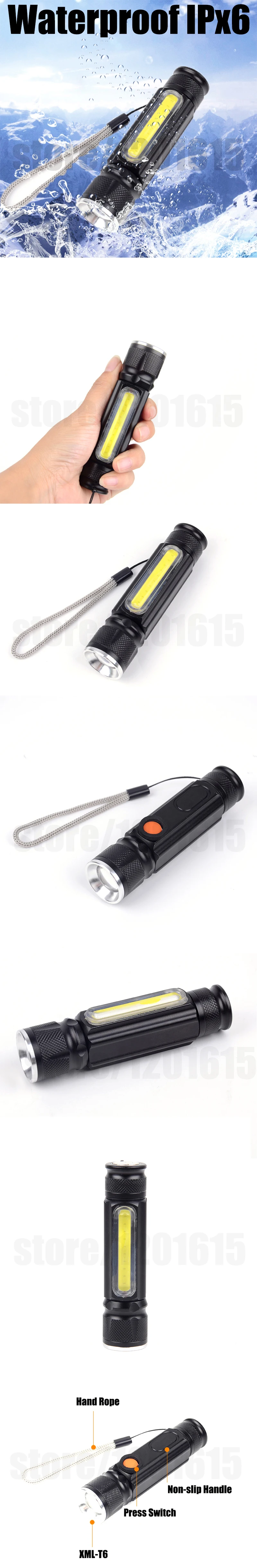 USB 5000lm фонарик с магнитом Cob+ XM-L T6 удобный светодиодный фонарик Перезаряжаемые факел проблескового света карманный светодиодный зум лампа