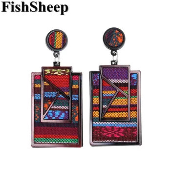 

FishSheep Bohemian Acrylic Geometric Big Pendant Earrings For Women Ethnic Large Fabric Hanging Drop Earrings Statement Jewelry