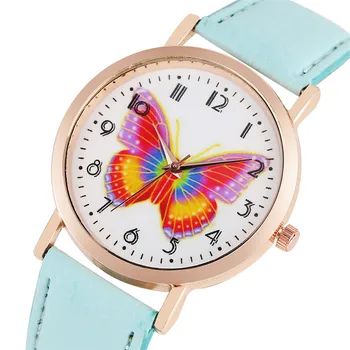 

Lovely Leather Strap Quartz Watch Movement Woman Classic Butterfly Pattern Watches Exquisite Rose Golden Case Wrist Watch