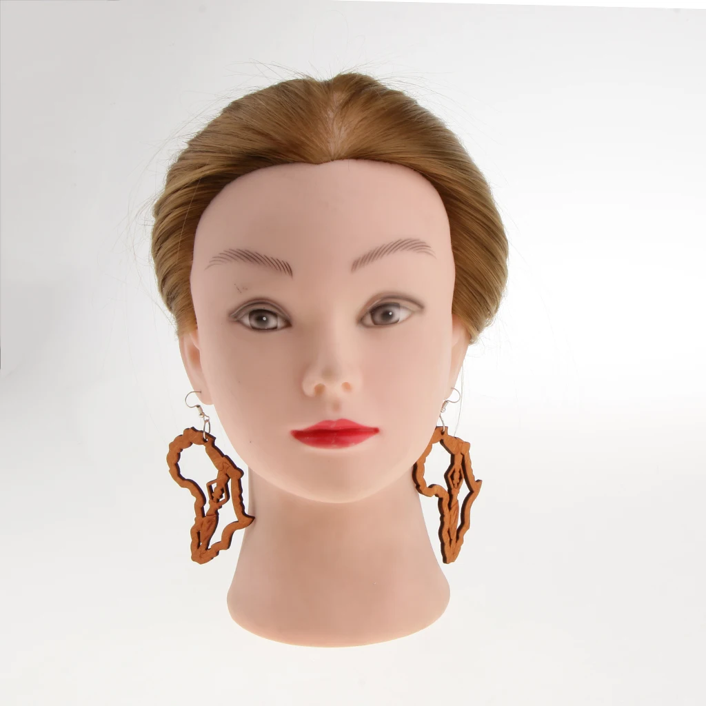 Retro Ethnic Natural Women Girl Wooden African Map Tribal Drop Hoop Earring 
