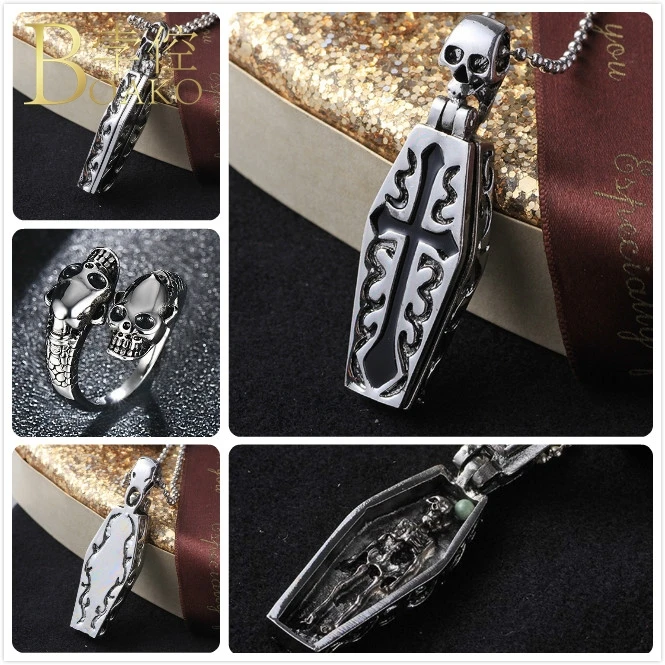 

BOAKO Stainless Steel Necklace For Men Punk Necklace Skull Pendant Necklace Halloween Cross Skeleton Coffin Necklace Gothic Z5