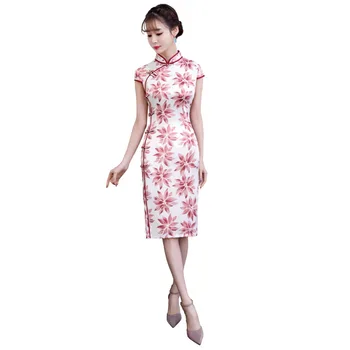 

Shanghai Story 2019 Hot Sale Chinese Traditional Dress Short Sleeve Floral Qipao dress Knee Length Faux Silk Cheongsam for Woman