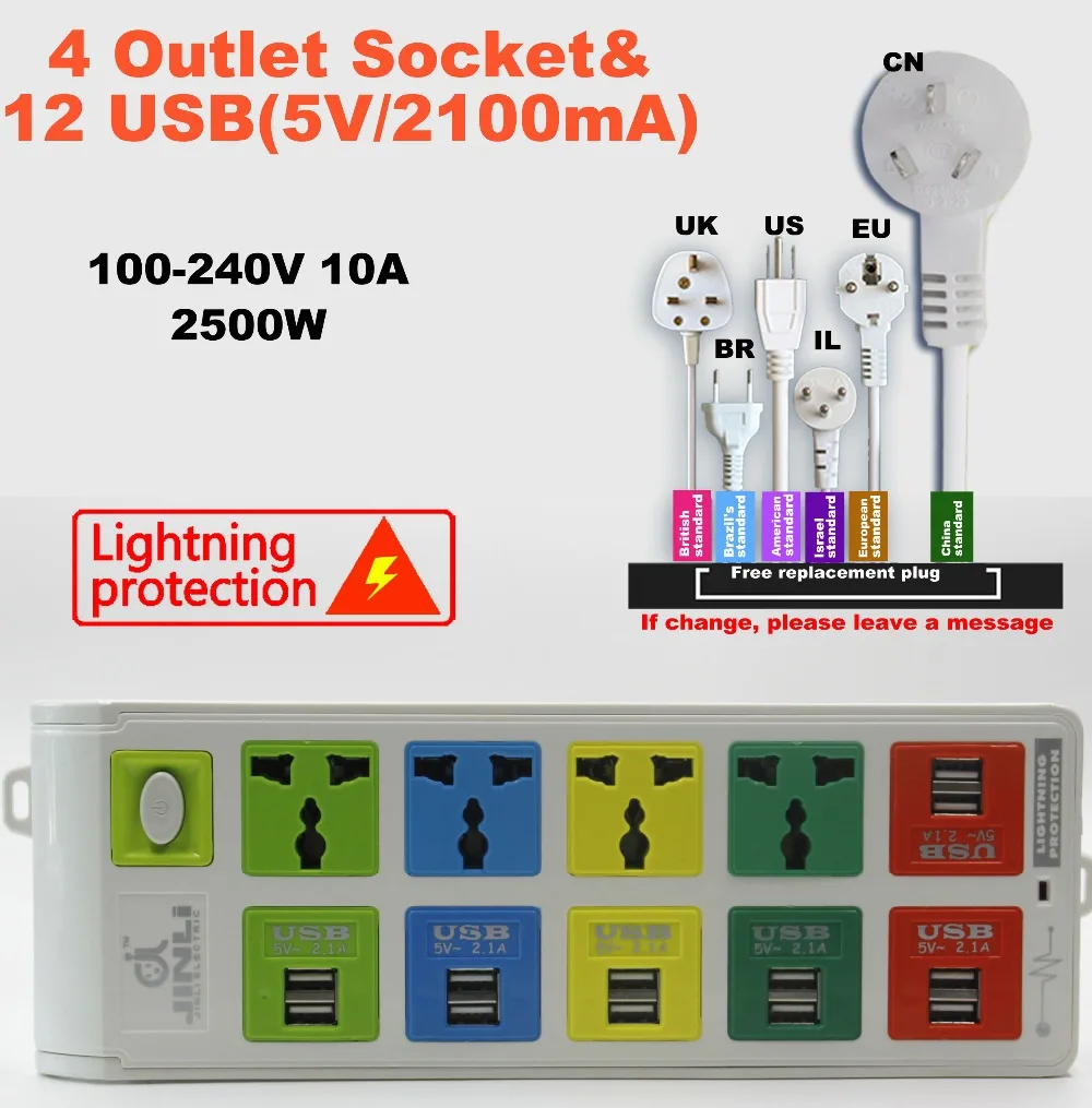 

plug 4 Outlet Power Strip & 12 usb socket smart power socket with EU UK US universal power strip