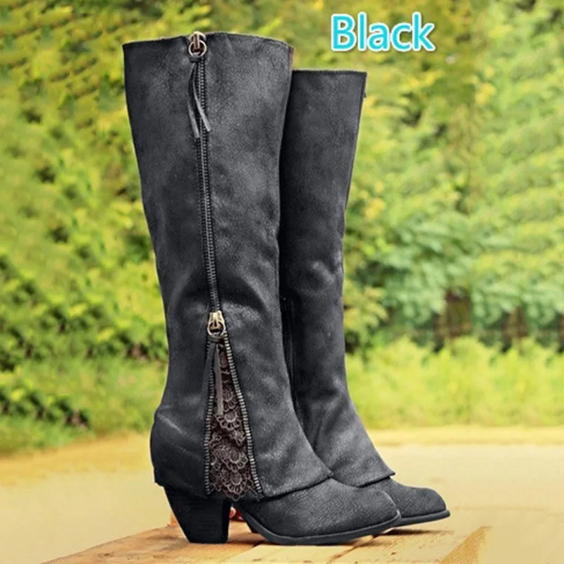 

2017 NEW Women Fashion Riding Boots Fold Over Design Near Ankle with Lace Detailing At Edge Plus Size Black Knee-High Boots