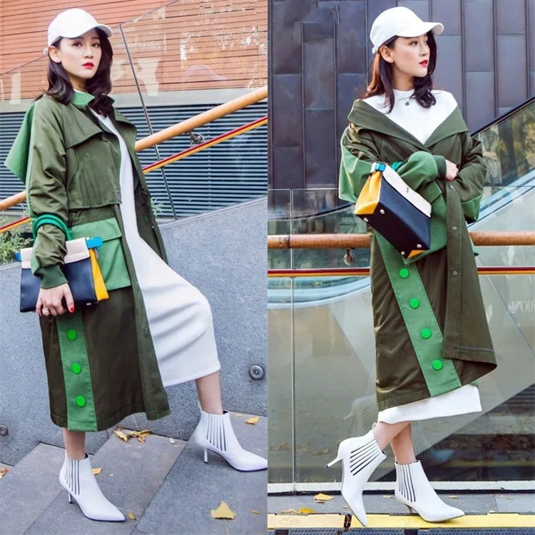 New Spring 2019 Chen Jon Star's Olive Green Knee-Crossing Windswear with Long Loose Fashion Outerwear Clothes Long Coat Women