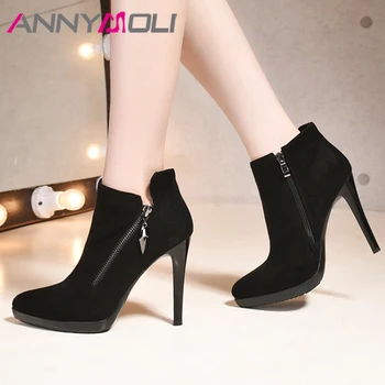 

ANNYMOLI Winter Boots Women Platform High Heels Ankle Boots Grace Extreme High Heel Short Boots Zip Spring Shoes 34-40 Black