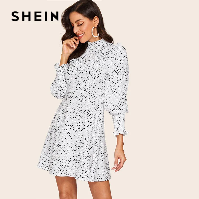 

SHEIN Shirred Neck And Cuff Polka Dot Print Ruffle Trim Women Dress Spring Vintage Elegant High Waist Lantern Sleeve Mini Dress