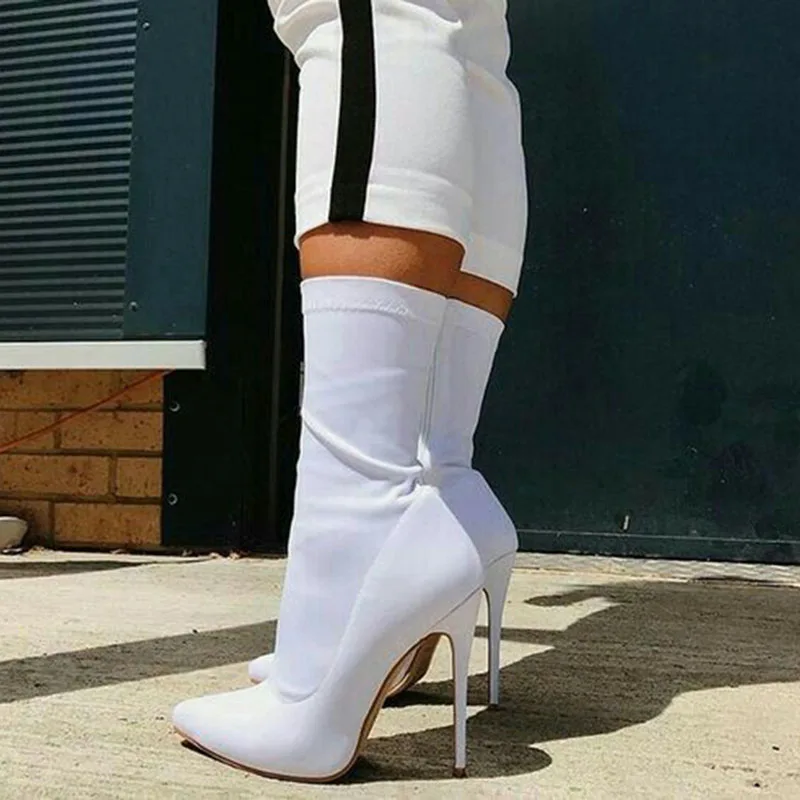 White Женские носки; ботинки с острым носком на высоком каблуке; женские ботинки на молнии; Цвет Красный; сезон зима-весна; пикантная женская обувь; большие размеры; ; - Цвет: White