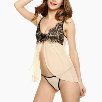 

Womens Fashion Soft Mesh Lace Black Contrast Color Chemise Nightie Nightwear Lingerie Nightdress Sleepwear Dress And Thong H251