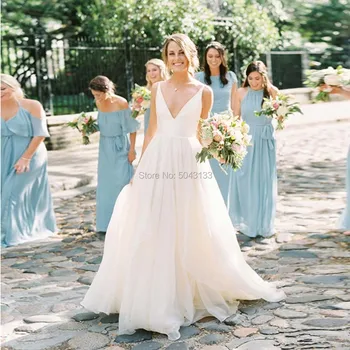 

Elegant Organza V Neck A Line Wedding Dresses 2019 Floor Length Sleeveless Beach Wedding Gowns Backless Vestidos Noiva