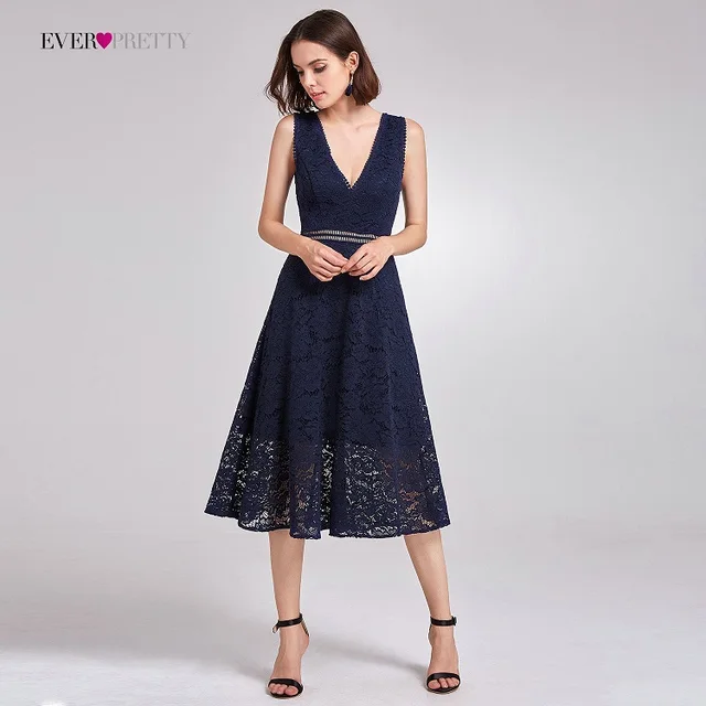 Lace Cocktail Dresses Ever Pretty AS05919 Elegant V neck High Waist Tea