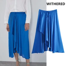 Увядшая Англия стиль сатин блеск синий миди Асимметричная миди юбка женская faldas mujer moda сбора талии длинные юбки женские