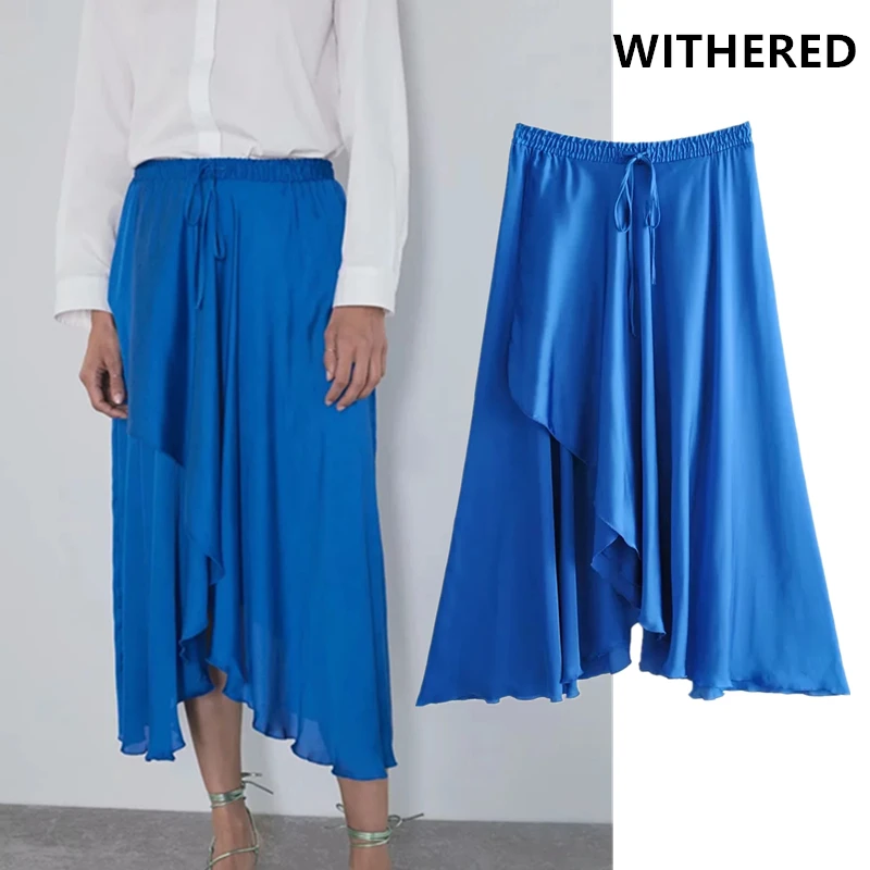 

Withered england style Satin shine blue midi asymmetric midi skirt women faldas mujer moda 2019 collect waist long skirts womens