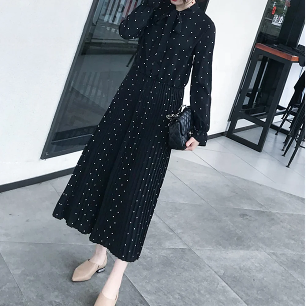 Women Dress Sexy Beautiful Long Sleeve Bohemian Polka Dot Dress Women Bow Vintage Elegant Pleated Formal Party Dress Robe Femme