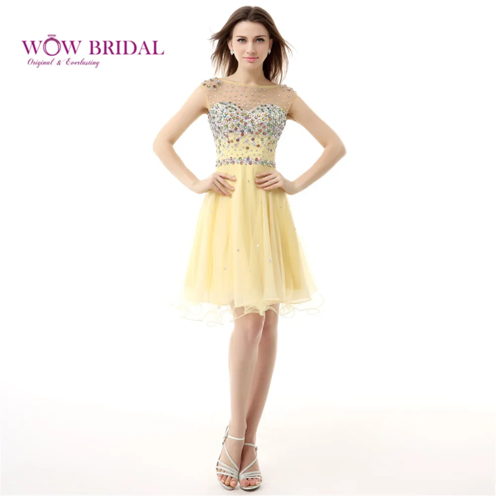 Wowbridal Yellow Chiffon Knee Length Cap Sleeves Homecoming Dress Formal Gown | Свадьбы и торжества