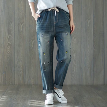 

Casual Vintage Retro Harajuku Hippie Boho Embroidery Cotton Baggy Elastic Waist Denim Blue Jeans Pants Pantolon Women Trousers