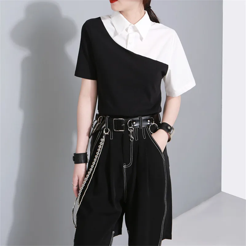 67835 black white Neploe поддельные Двойка со вставками женские футболки короткий рукав черный и белый Для женщин топы отложной воротник модная футболка 67835 - Цвет: 67835 black white