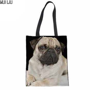 

Fashion Canvas Shopping Bag Pug Printing Woman Casual Tote Eco-friendly Shoulder Handbag Spring Summer Holiday Beach Bag