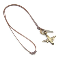 NIUYITID Antique Bronze Aircraft Plane Necklace & Pendants Men Women Handmade Genuine Leather Neclace Collar