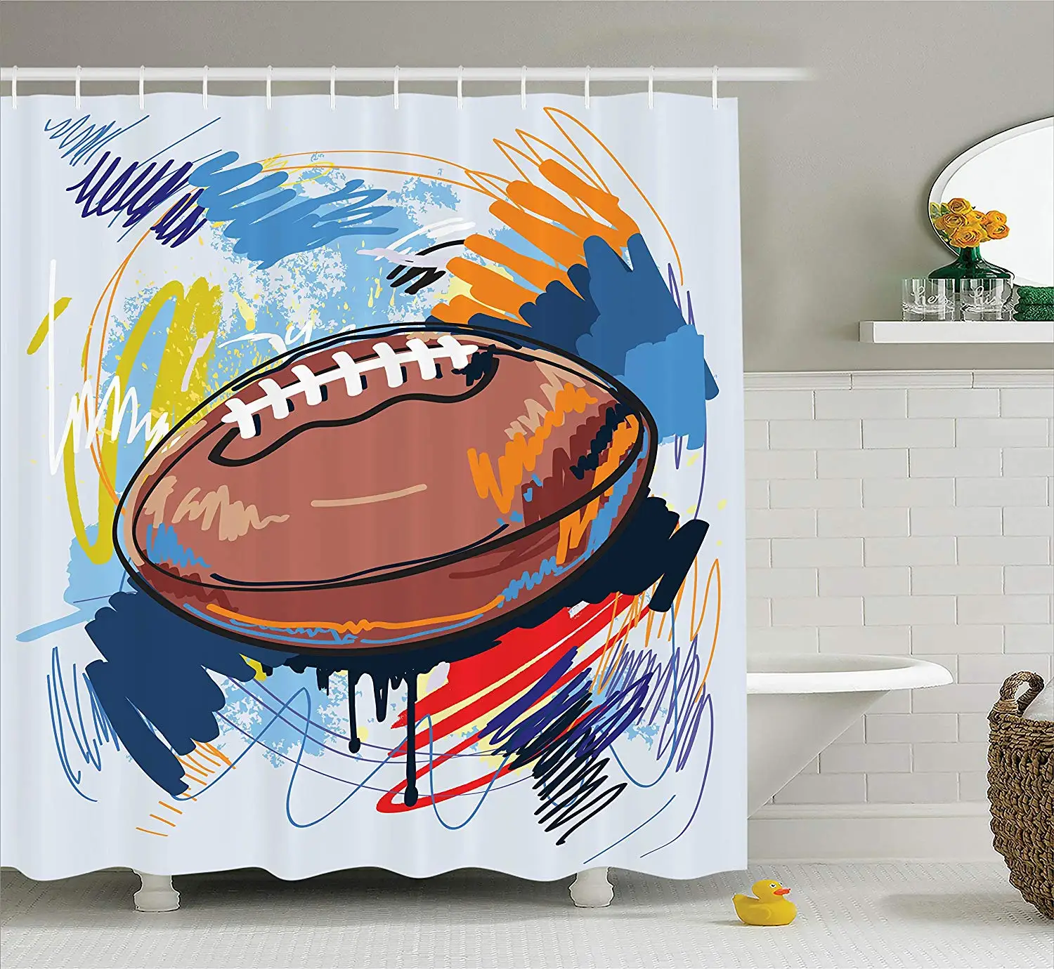 Sports Shower Curtain Diamond Shape Rugby Ball Sketch with Colorful