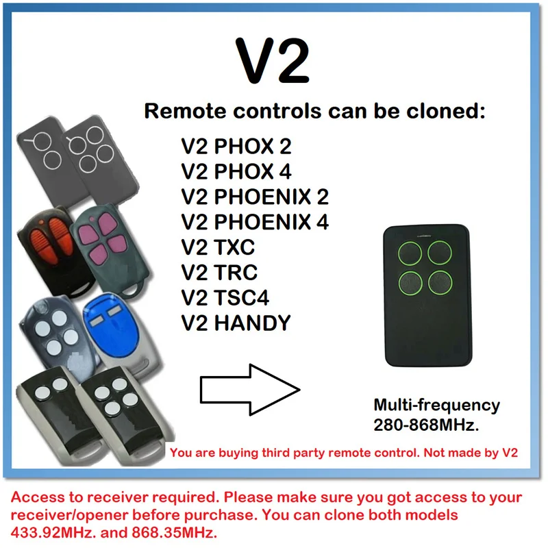 

Free Shipping Clone 433.92Mhz Rolling Code Garage Door Gate Remote Control V2 TSC2, TSC4, TRC2, TRC4, TXC2, TXC4