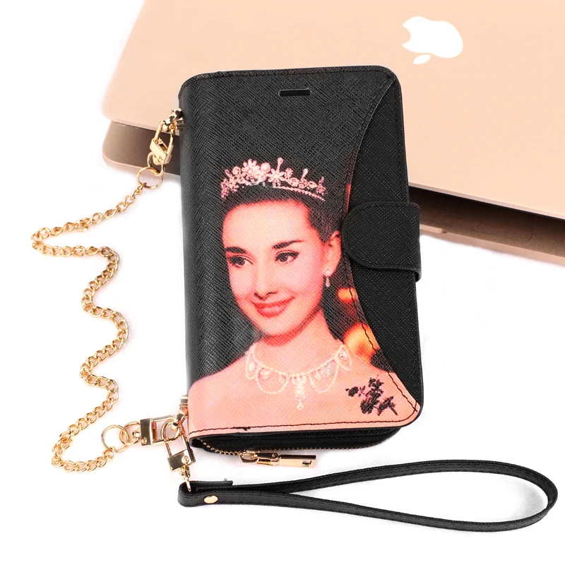 

Elegant Audrey Hepburn Print Multi-function Leather Zipper Phone Bag For Universal 4.5-6.5 inch Smartphones Fush Up Flip Wallet