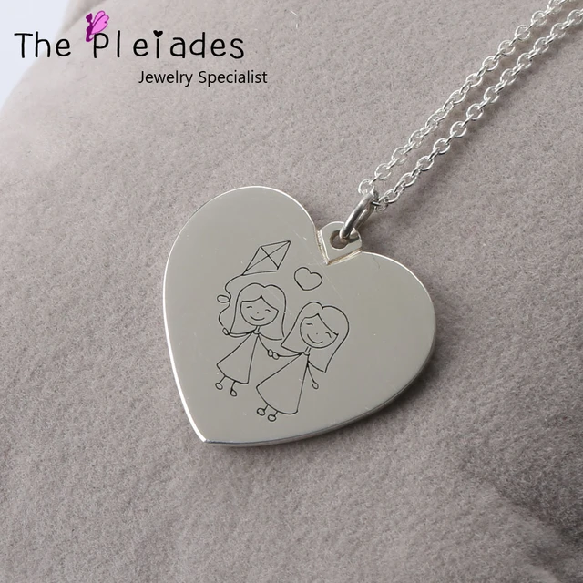 Handmade silver heart necklace with an engraved design and your own text -  Κ24