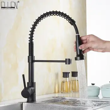 

Kitchen Faucet Pull Down Deck Mounted Black Kitchen Sink Pull Out Faucets Hot Cold Water Crane Spring Faucet ELK9009B