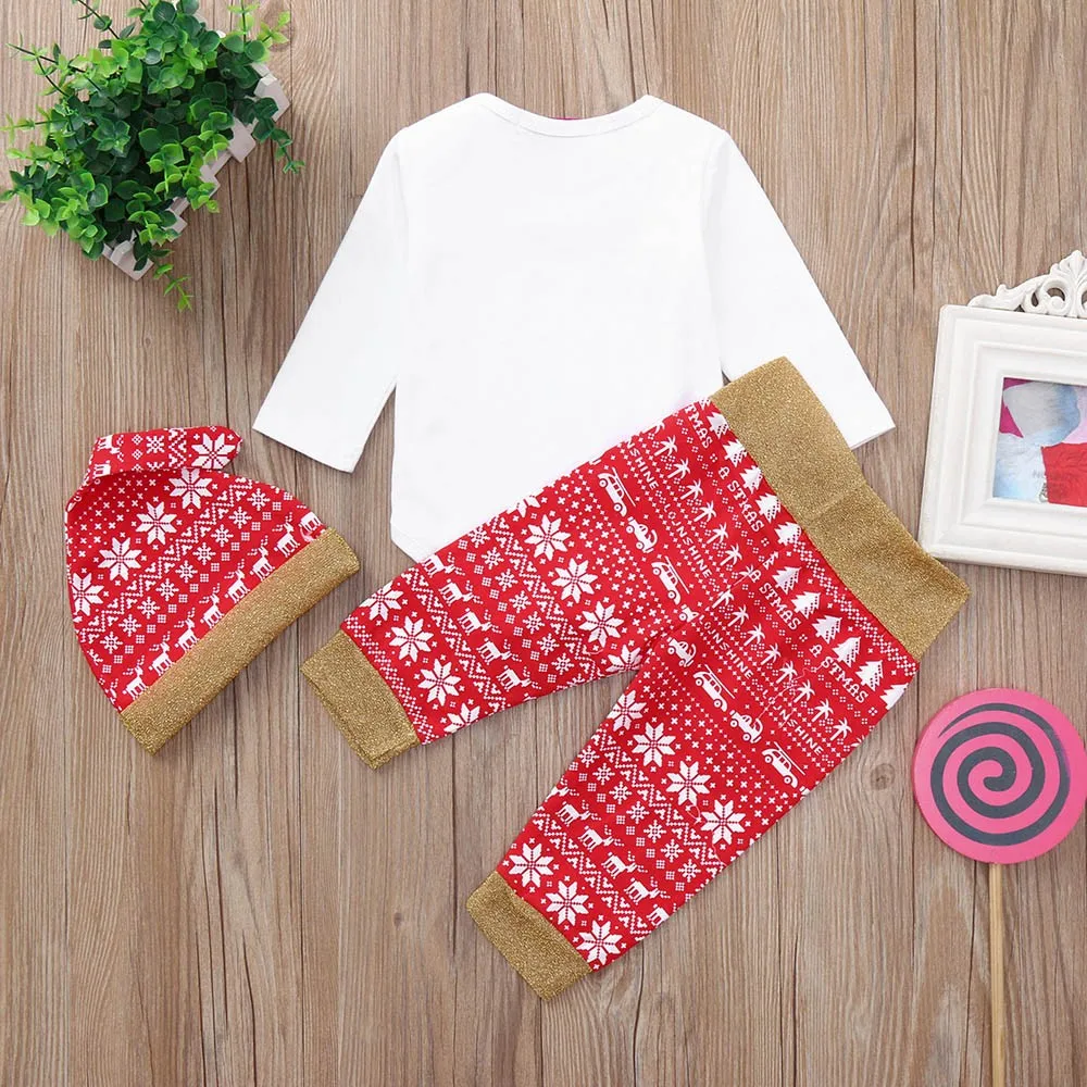 Одежда для новорожденных мальчиков и девочек, комбинезон с принтом рождественских букв+ штаны+ шапочка, комплект одежды, одежда для малышей, рождественские наряды для детей